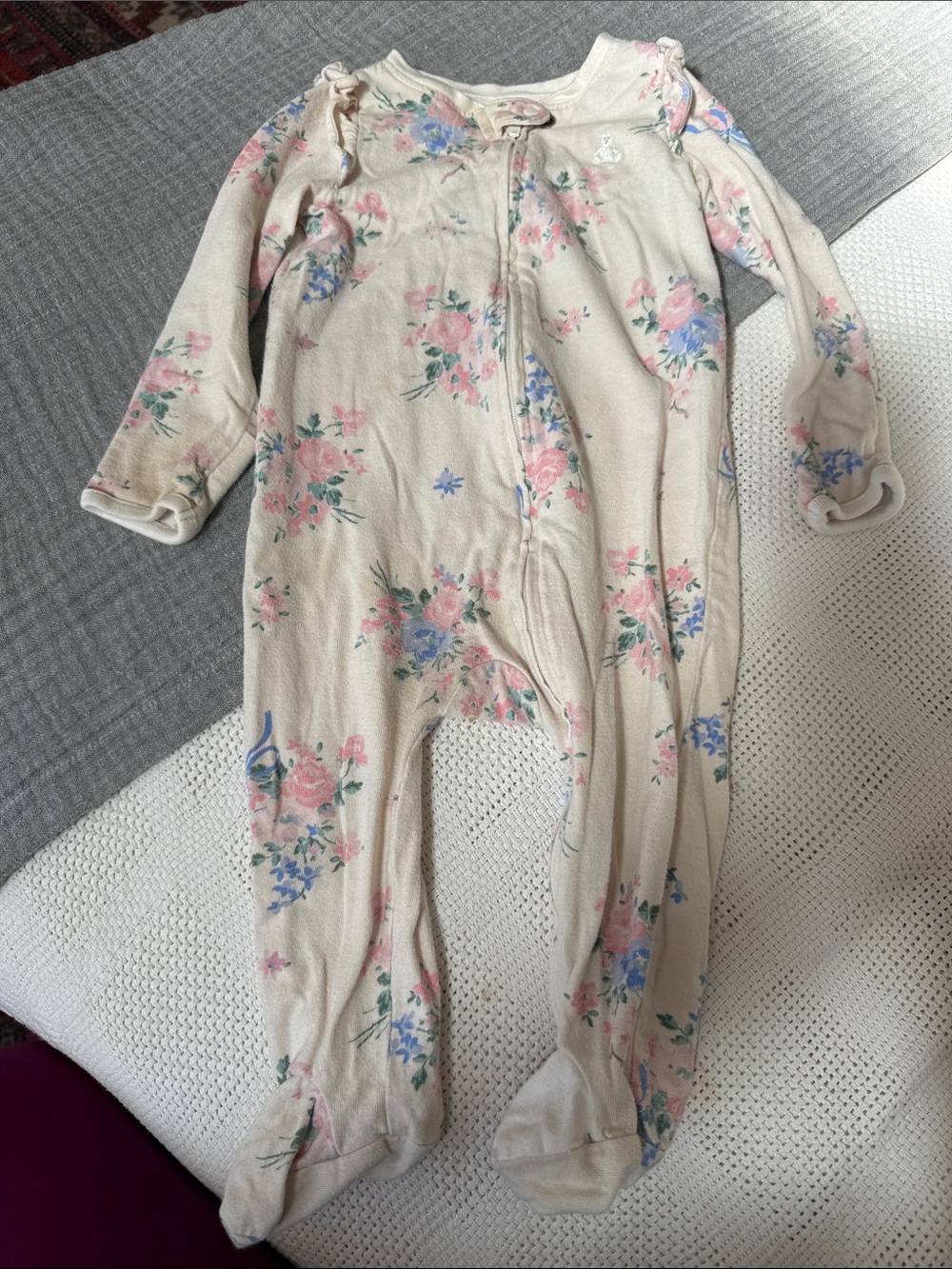 GAP Cream Floral Footed One-Piece with Pink & Blue Flowers
